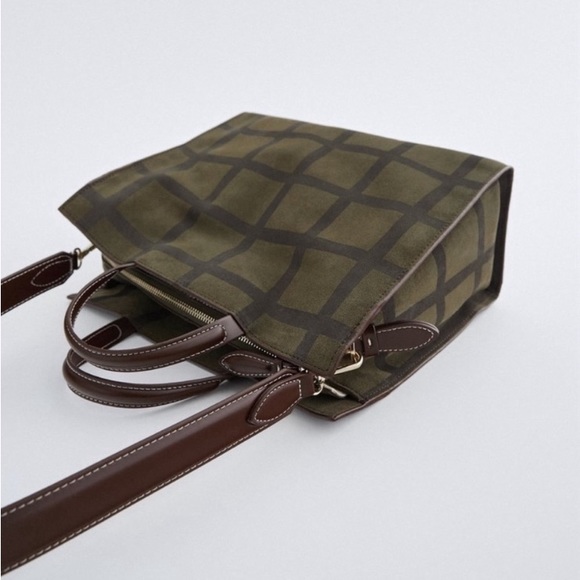Zara check split suede square 2way satchel/tote green - Picture 4 of 12